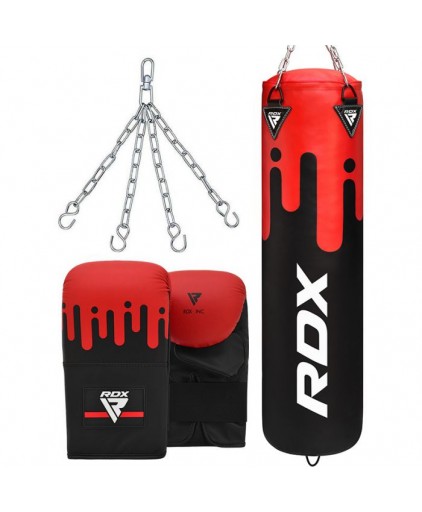 RDX 3Pc REX  Punch Bag and Bag Gloves in Red/Black (4ft/5ft)